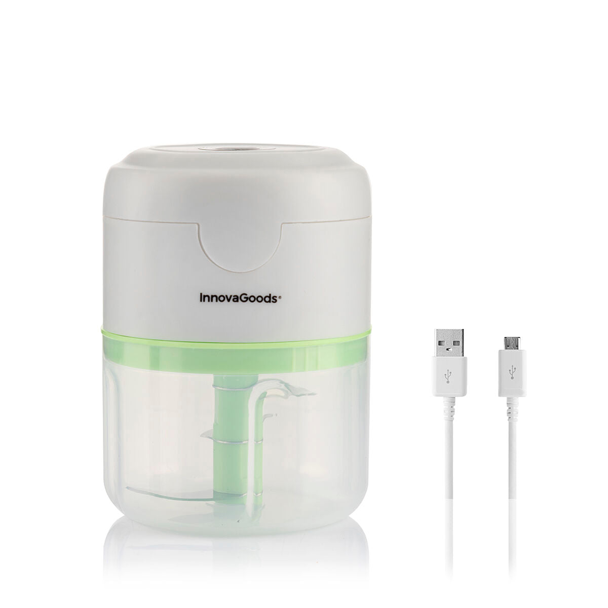 A product hero image of the InnovaGoods mini chopper alongside its USB charging cable. The clear container shows the internal blades.