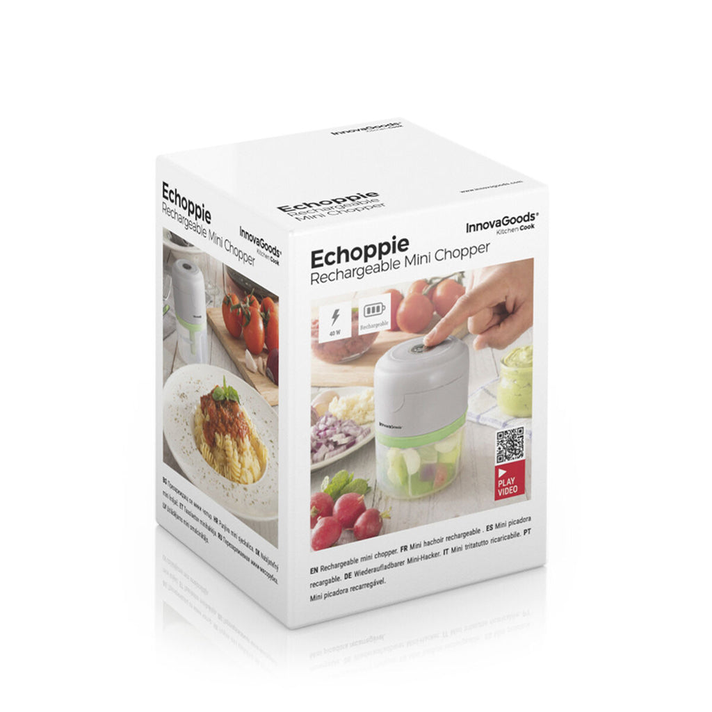 The packaging of the InnovaGoods Rechargeable Mini Chopper Echoppie. The white box includes images of the product in use and markings indicating its rechargeability.