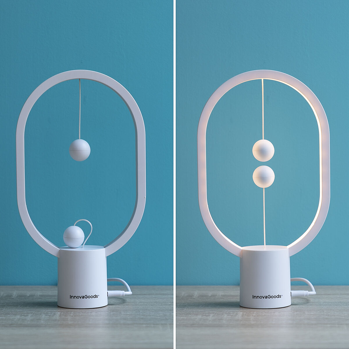 Comparison lifestyle image of the InnovaGoods Balance Lamp. Shows the lamp in a non-lit state and illuminated against a blue background, showcasing the magnetic spheres in action.