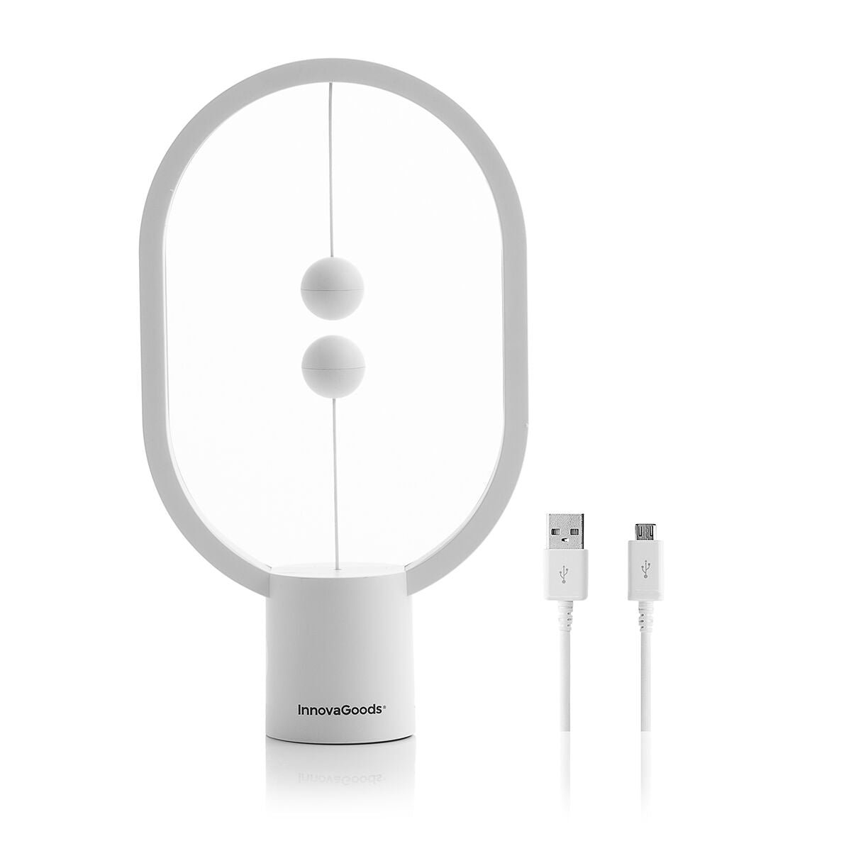 Duplicate of product hero image of the InnovaGoods Balance Lamp with Magnetic Switch. Shows the lamp in a clean setting against a white background with a USB cable included.