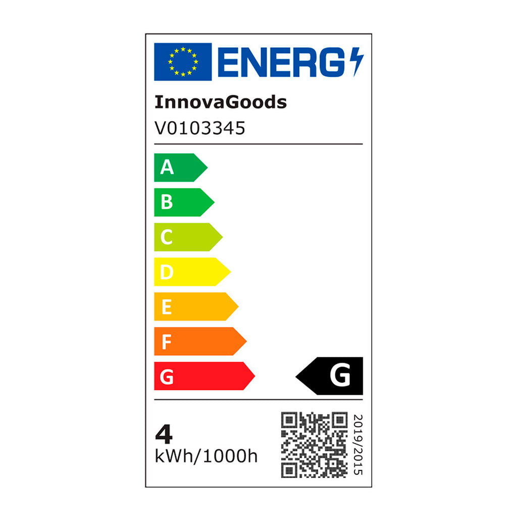 Energy label for the InnovaGoods Balance Lamp. Displays an energy efficiency rating of G with a consumption of 4 kWh/1000h. The label includes a QR code and EU energy grading chart.