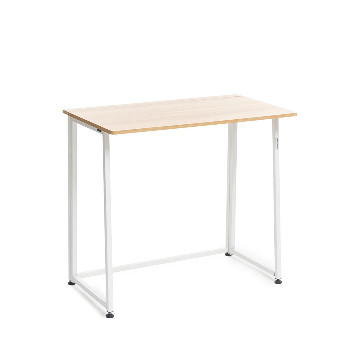 The desk unfolded, showcasing its wooden top and white metal legs in a minimalistic setting. The surface is clean and empty.