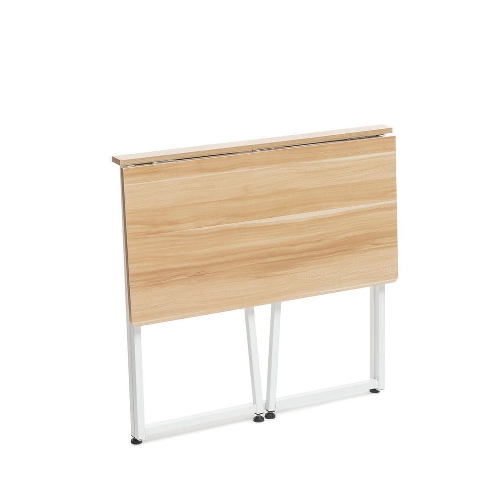 The Folding desk Dolenkaf InnovaGoods shown in a completely folded state, with a wooden finish and white metal legs.