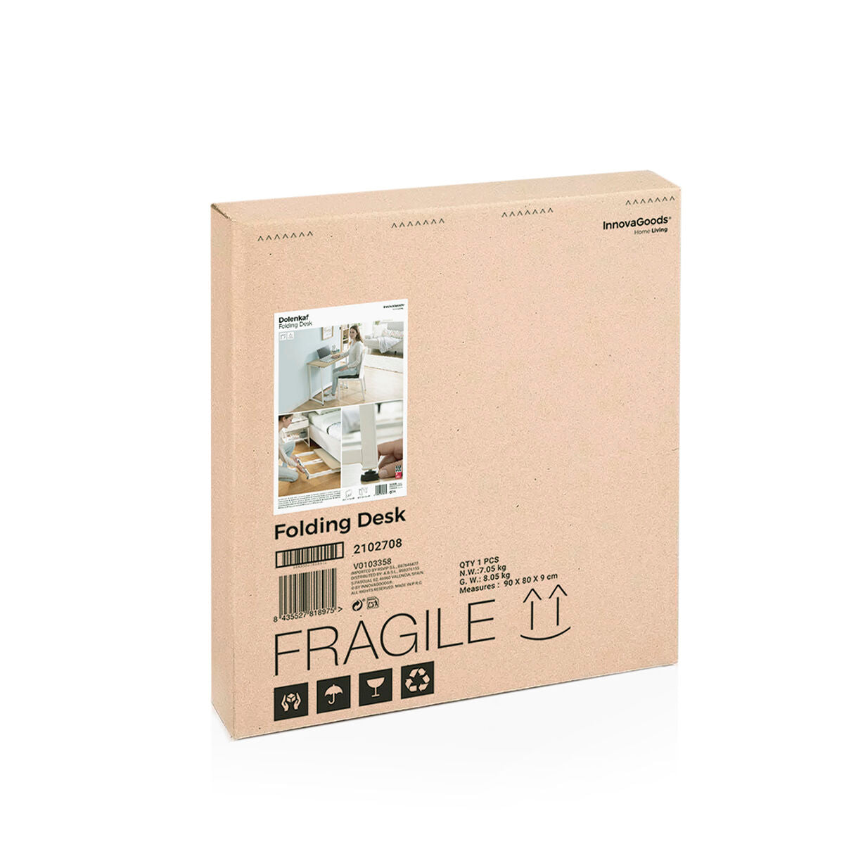 The packaging of the Folding desk Dolenkaf InnovaGoods, a brown box with product images and information printed on it including the name. The box is labeled as fragile and recyclable.