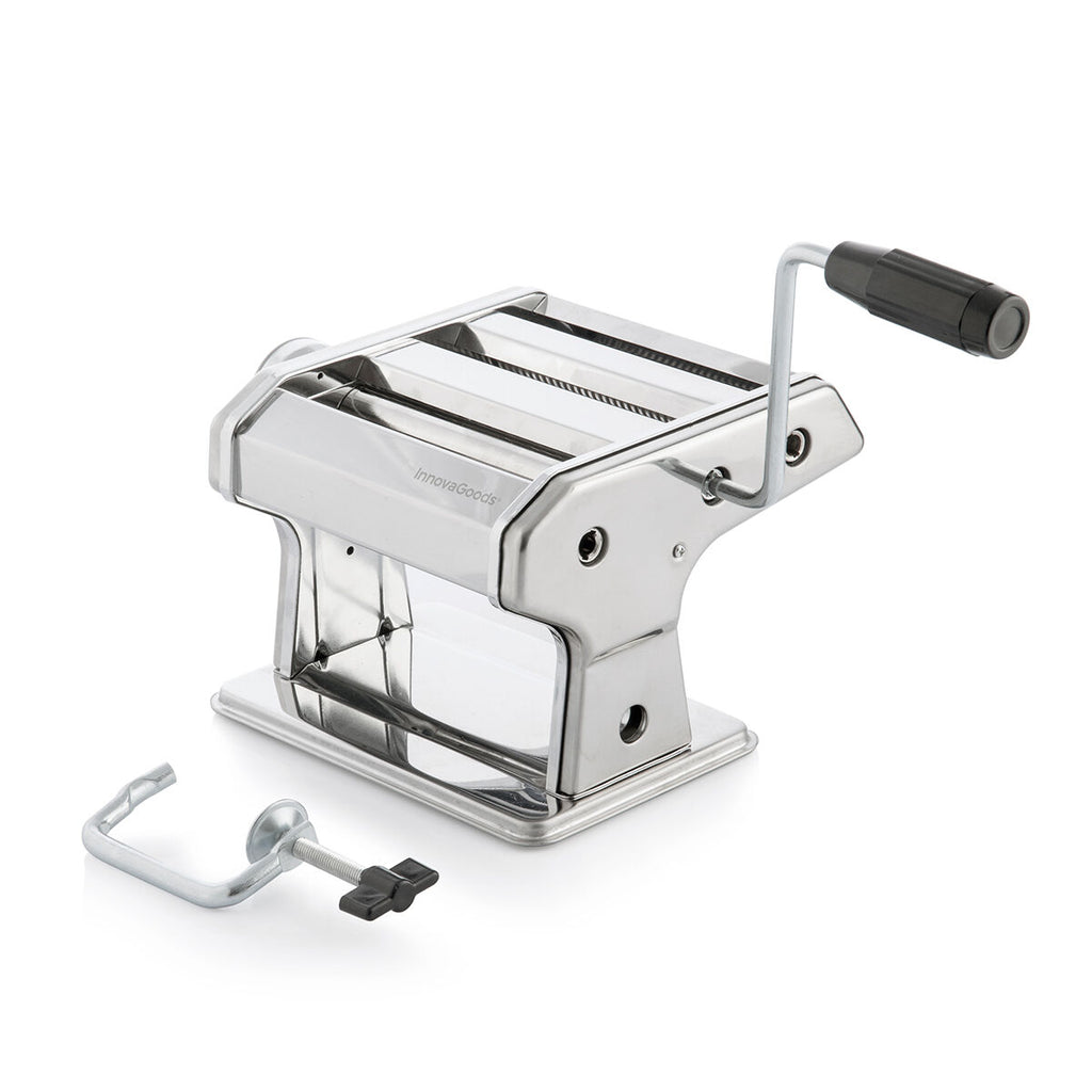 A clean product shot of the stainless steel pasta maker with an attached black handle and clamp. The shiny metallic body is prominent on a plain background.