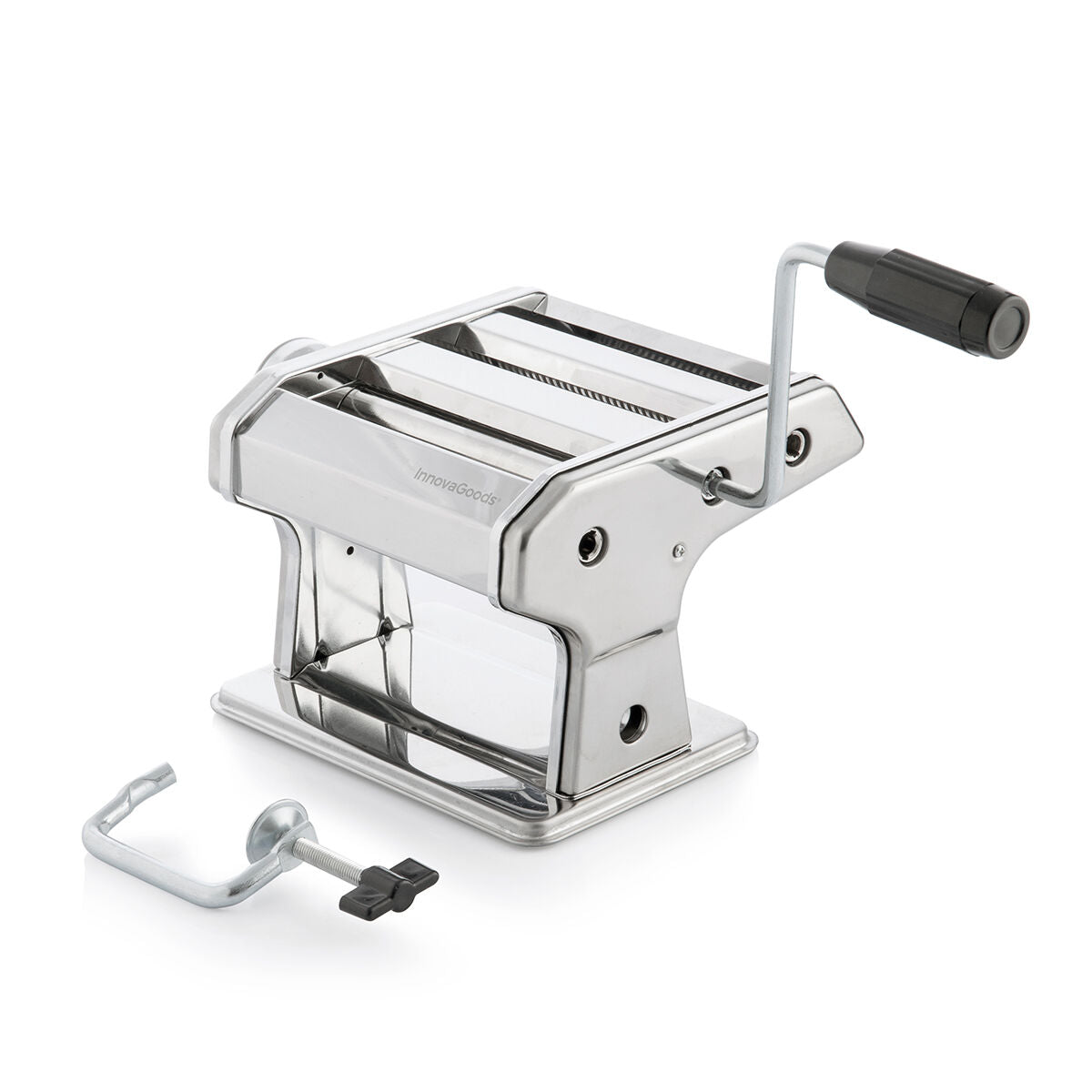 A clean product shot of the stainless steel pasta maker with an attached black handle and clamp. The shiny metallic body is prominent on a plain background.