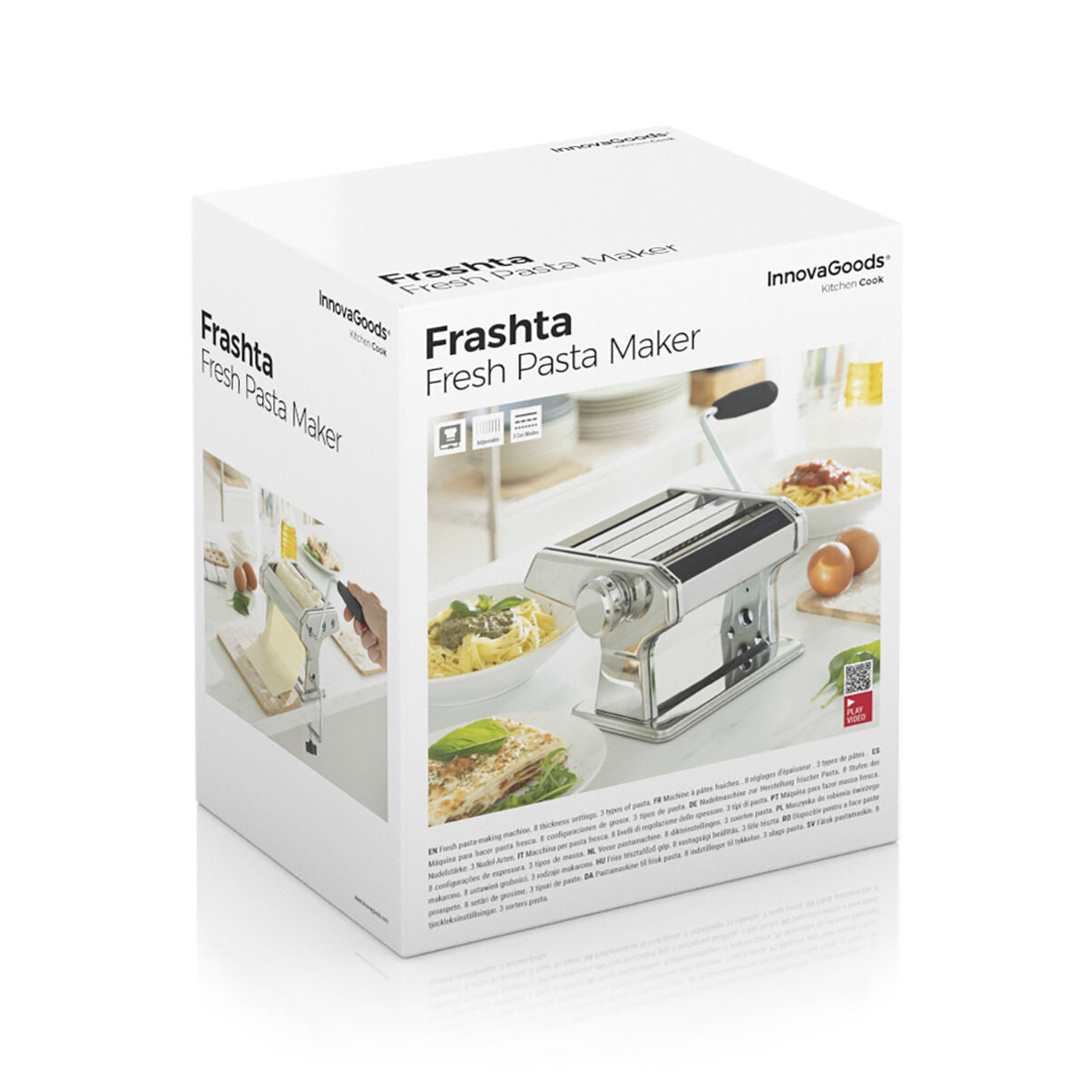Product packaging box for the Frashta Fresh Pasta Maker with images of the pasta maker on it. The box is white with text in black and images of the product in use.