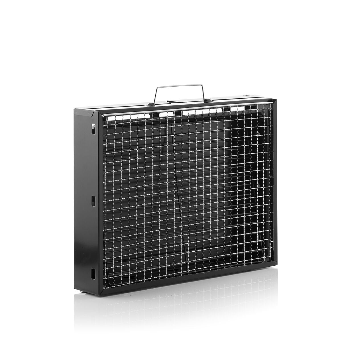 A close-up of the folded portable grill, showing the mesh grate and compact design, ideal for transport.