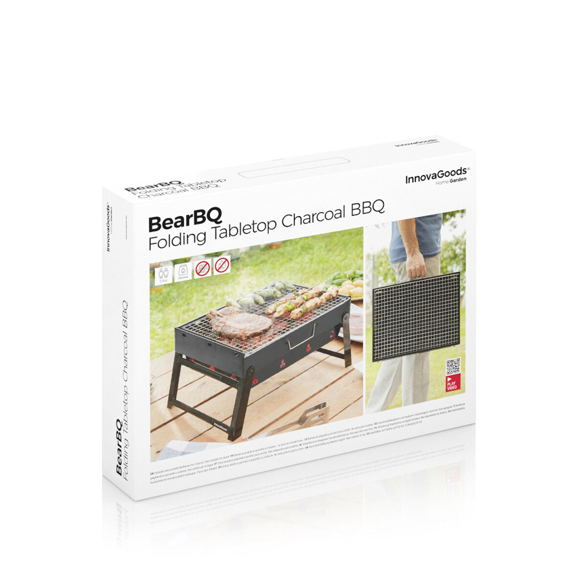 The white packaging box displays the BearBQ Folding Tabletop Charcoal BBQ with images of the product in use. Branding and portability are emphasized on the box.