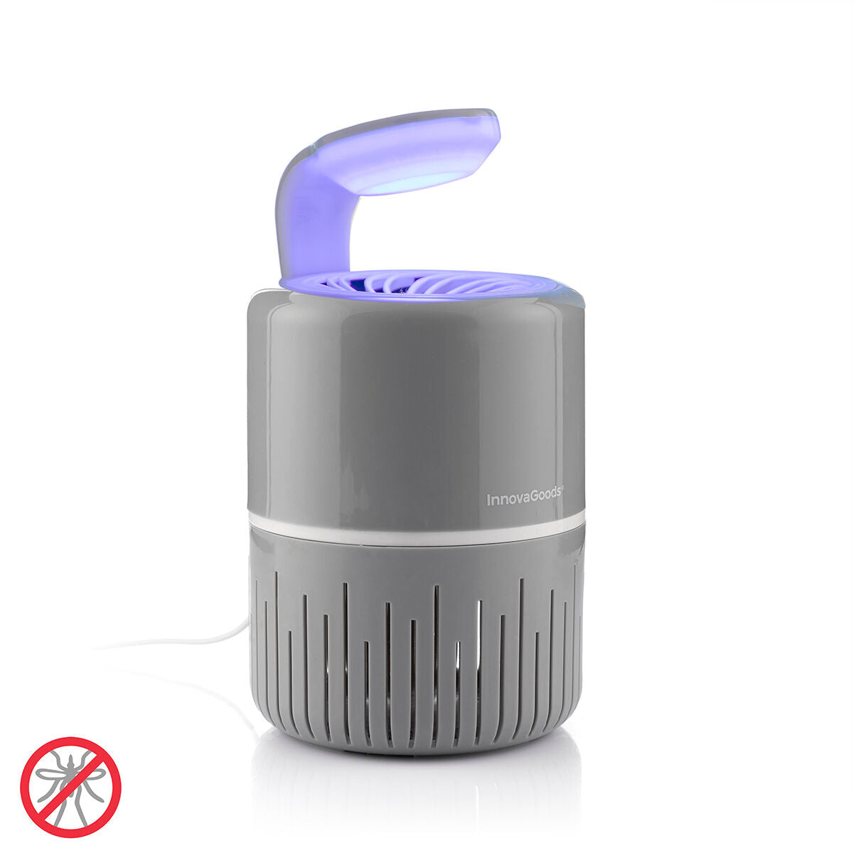 A clean product shot of the mosquito lamp against a plain background. The device appears sleek and modern with a glowing blue light at the top, emphasizing its function as a mosquito trap.