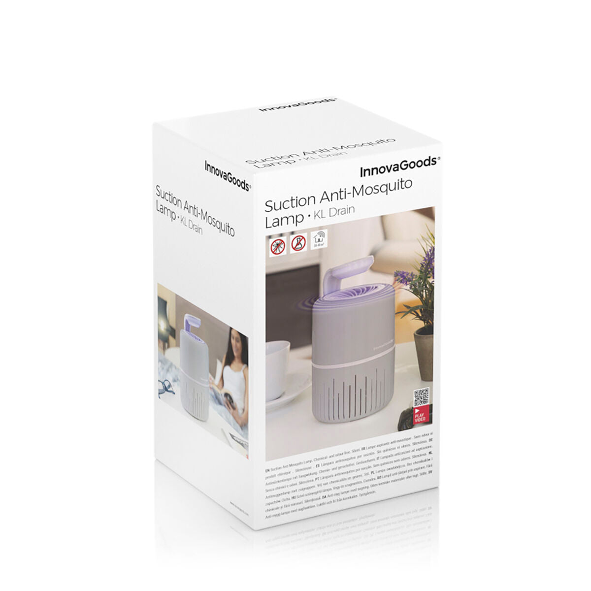 The packaging of the suction anti-mosquito lamp. The box is predominantly white with images of the product in use on the front. Branding information like 'InnovaGoods' and product details such as 'Suction Anti-Mosquito Lamp KL Drain' are prominently displayed.