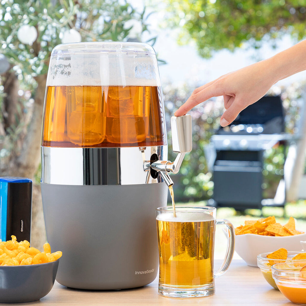 Outside setting with a close-up of the dispenser being used to pour a drink, showcasing the tap function.