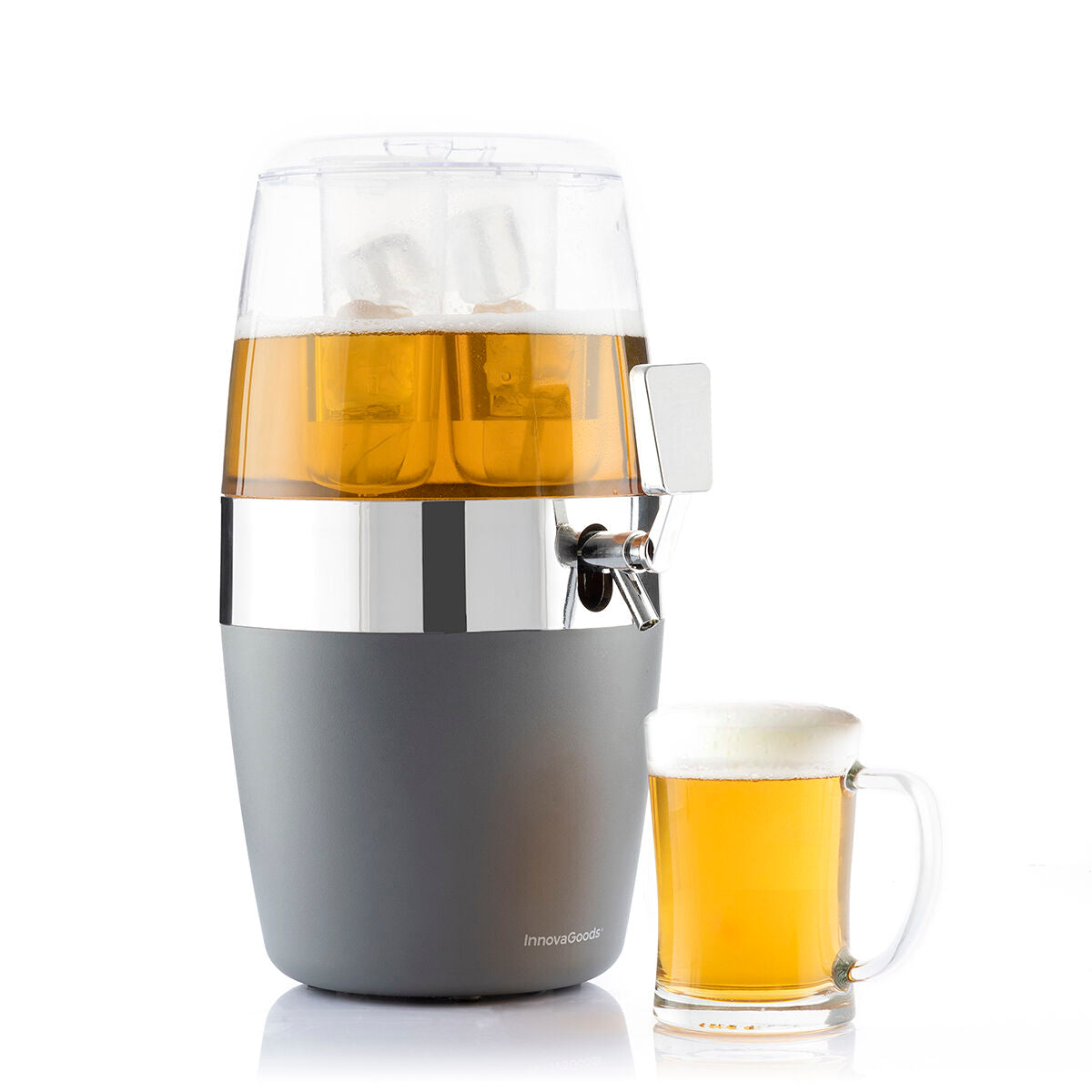 The cooling drinks dispenser is shown filled with a light beverage and ice, with a filled mug next to it. The product appears on a clean background.