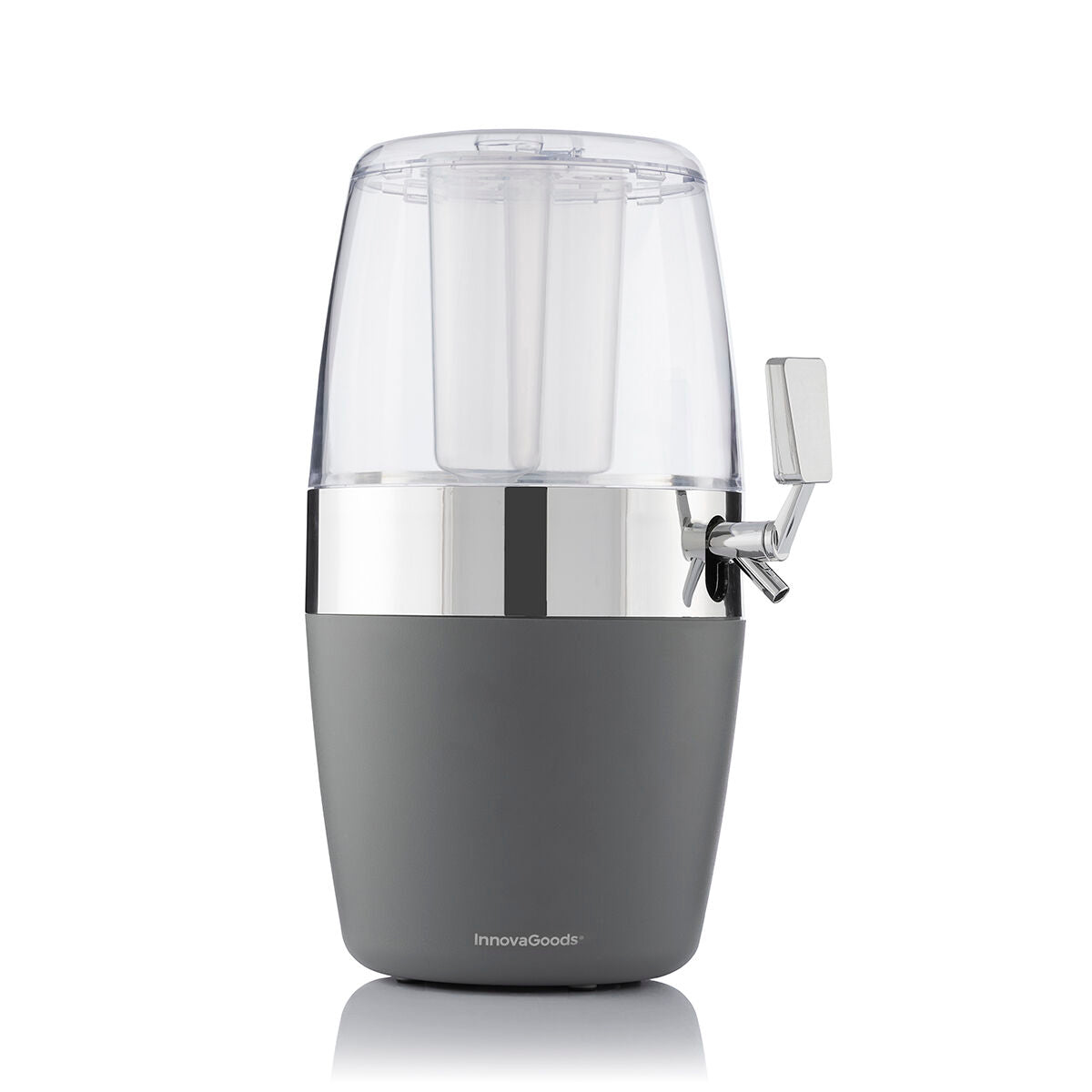 A clean product shot showing the cooling drinks dispenser. It has a transparent upper section for the drink and a grey base, featuring a chrome tap for dispensing.