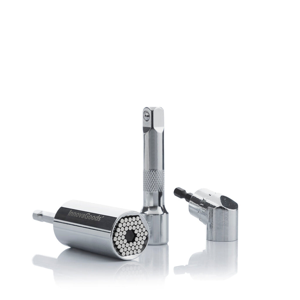 Close-up of the universal socket wrench and adapters, showcasing detailed textures and chrome finish.