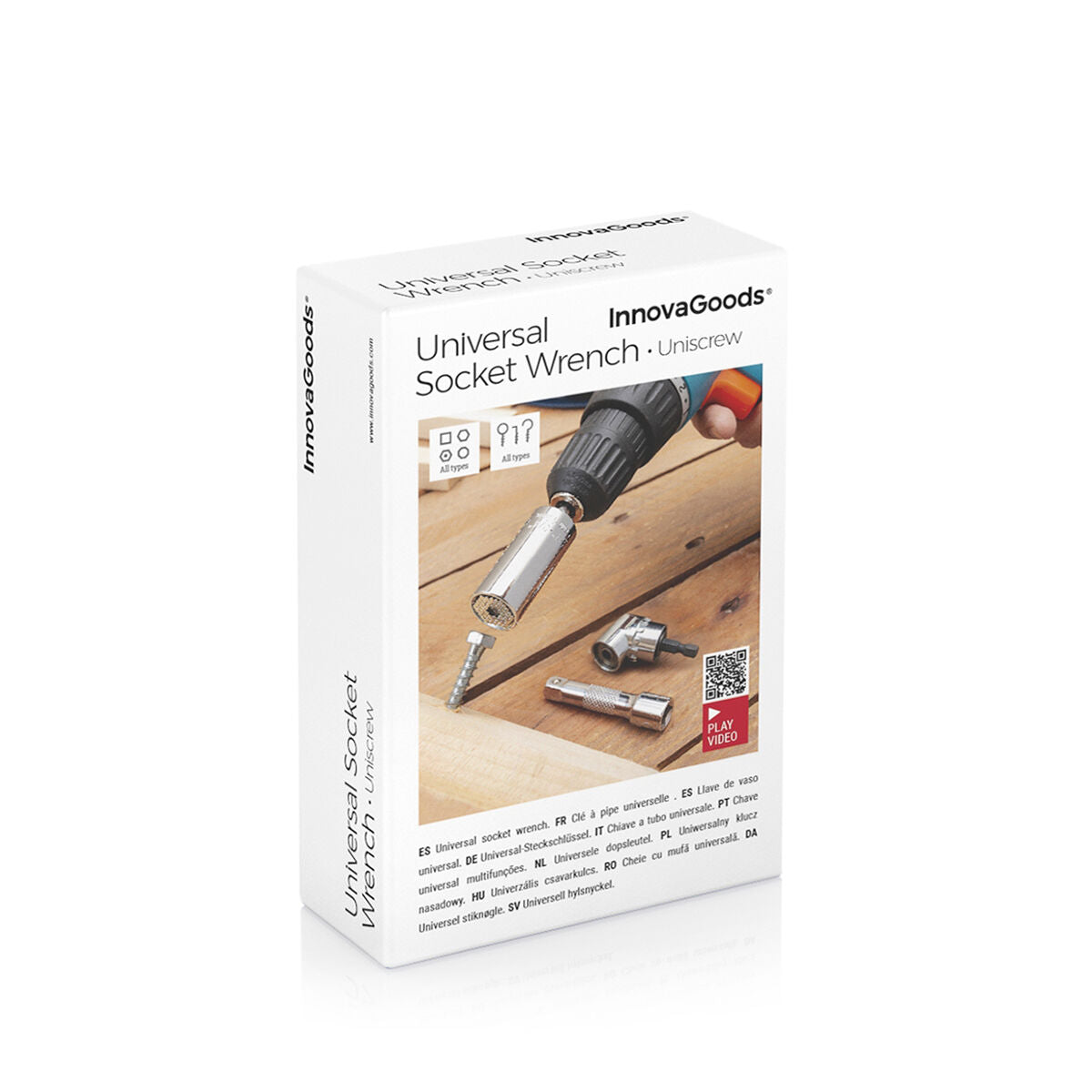 Packaging of the Universal Socket Wrench, featuring the InnovaGoods brand name and an image of the product in use. It is a rectangular white box.