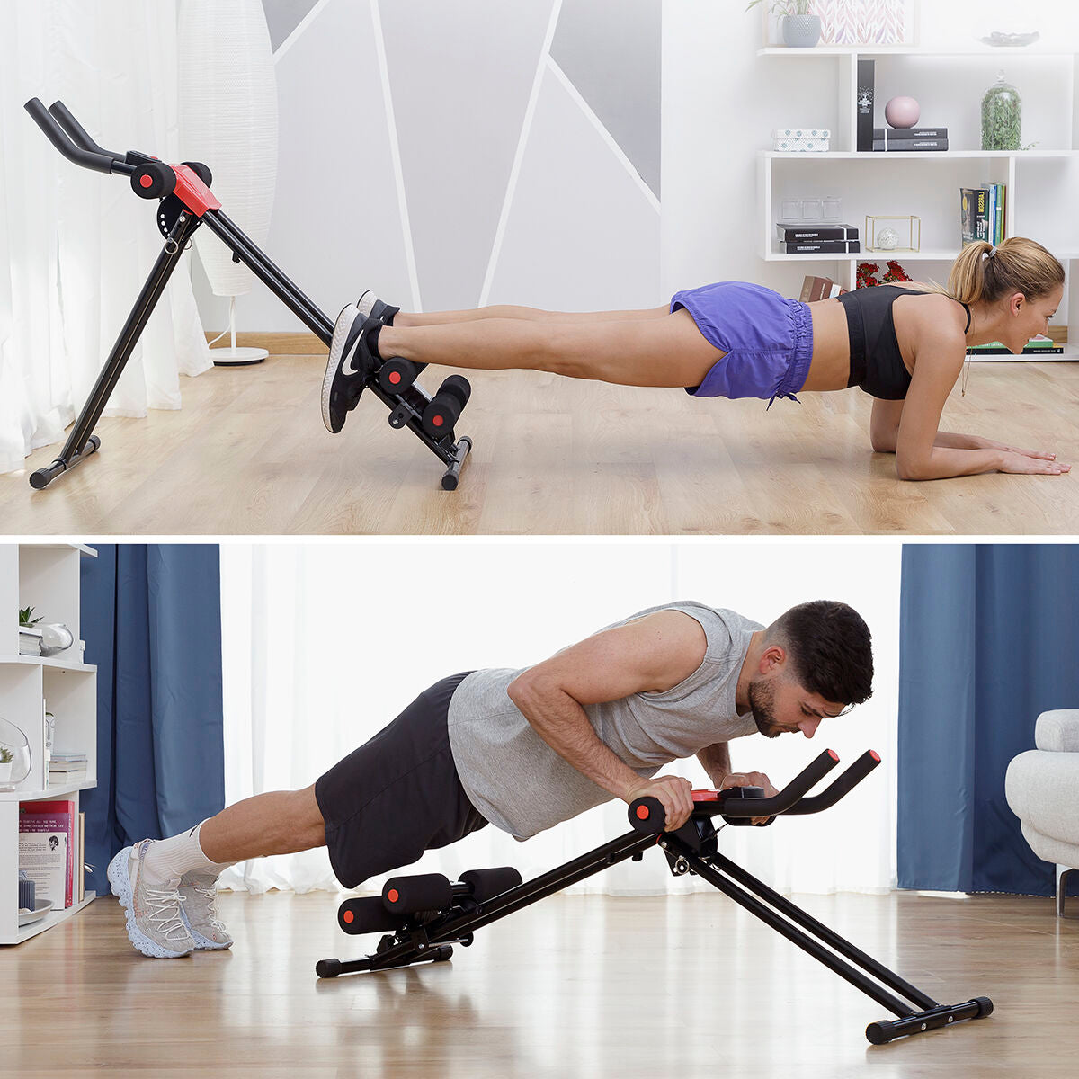 Two people using the Folding Abdominal Machine in different exercises. One is doing a plank while the other is doing push-ups. This emphasizes versatility in workouts.