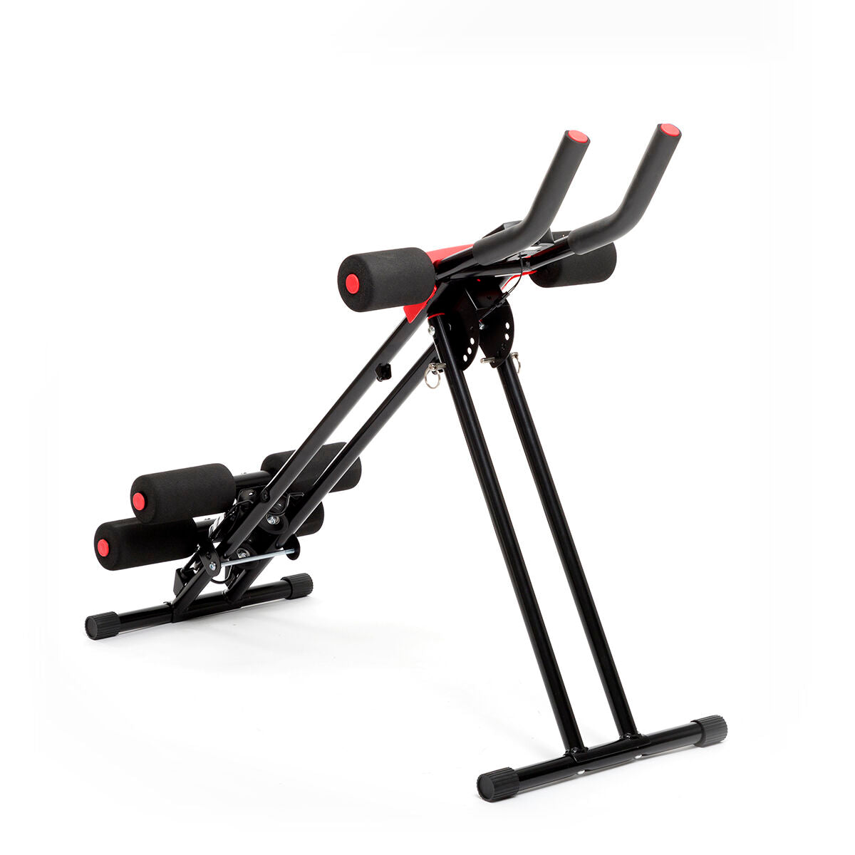 A clean shot of the Folding Abdominal Machine, showcasing its design. The machine is open and ready for use, made primarily of black metal with red details and foam padding.