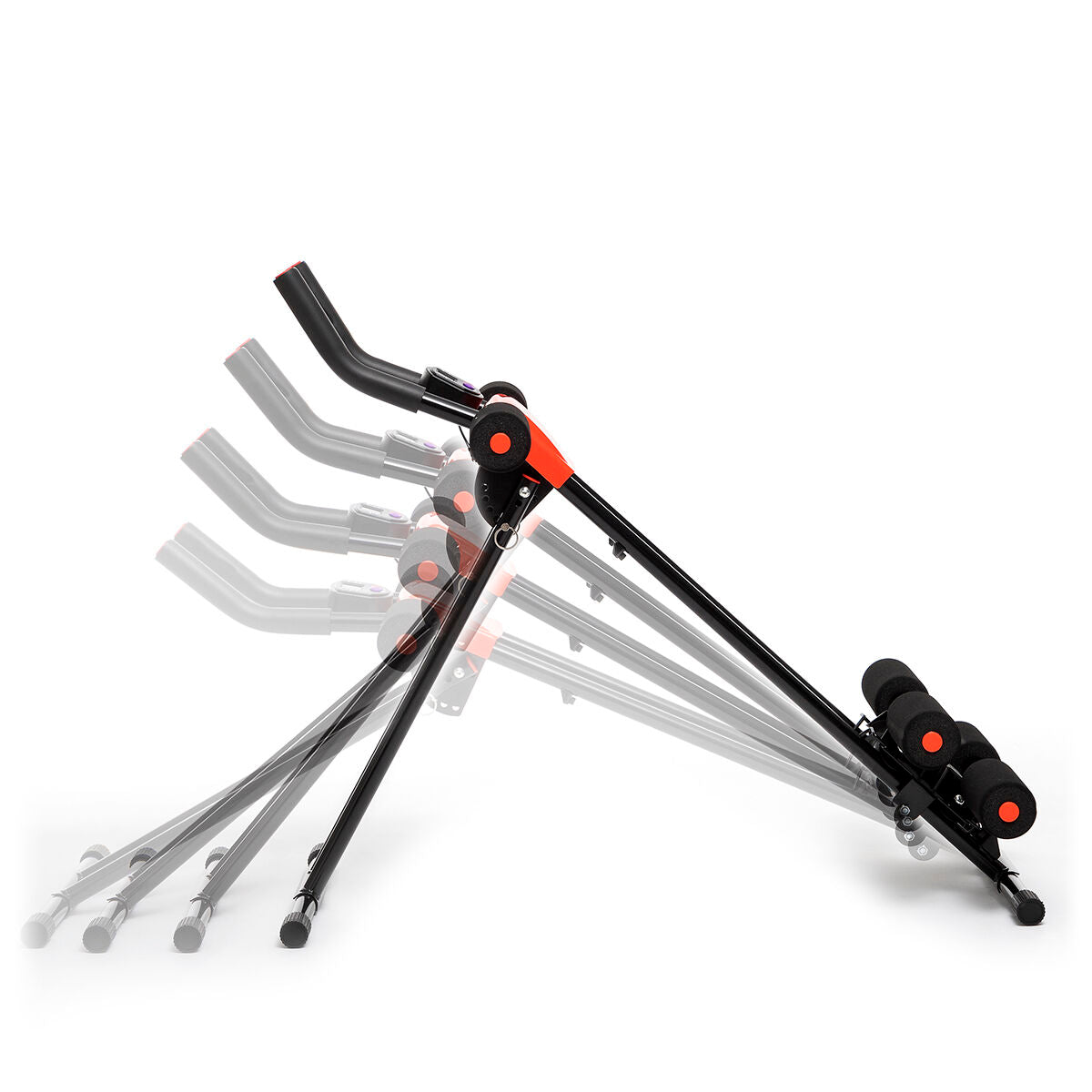 The Folding Abdominal Machine is shown in a folding sequence, highlighting its adjustable and collapsible features. The frame is black with red accents.