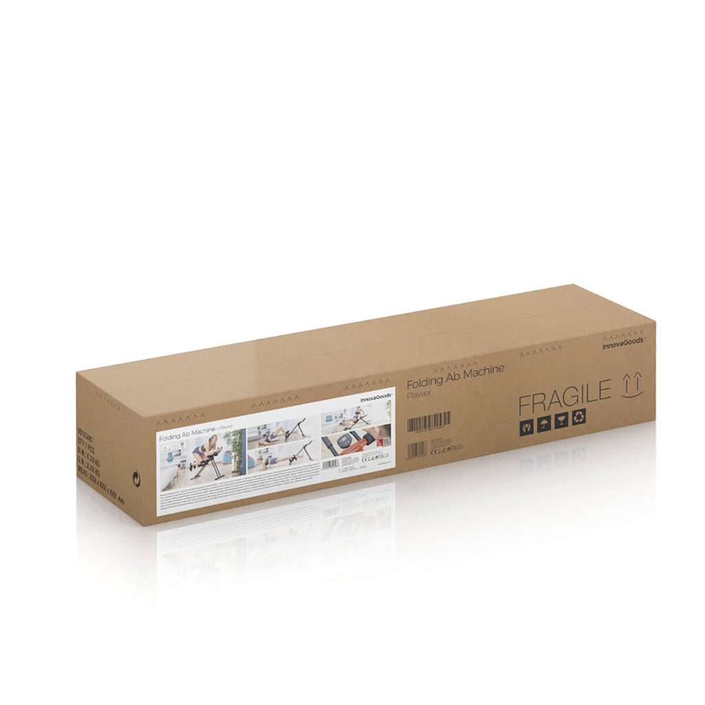 The packaging of the Folding Abdominal Machine, a plain brown cardboard box with printed product images and the InnovaGoods logo. It shows the product's durability and shipping details.