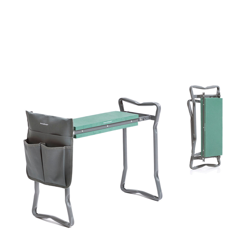 A green garden stool with a gray tool bag shown in unfolded and folded positions. The bag is attached on one side.