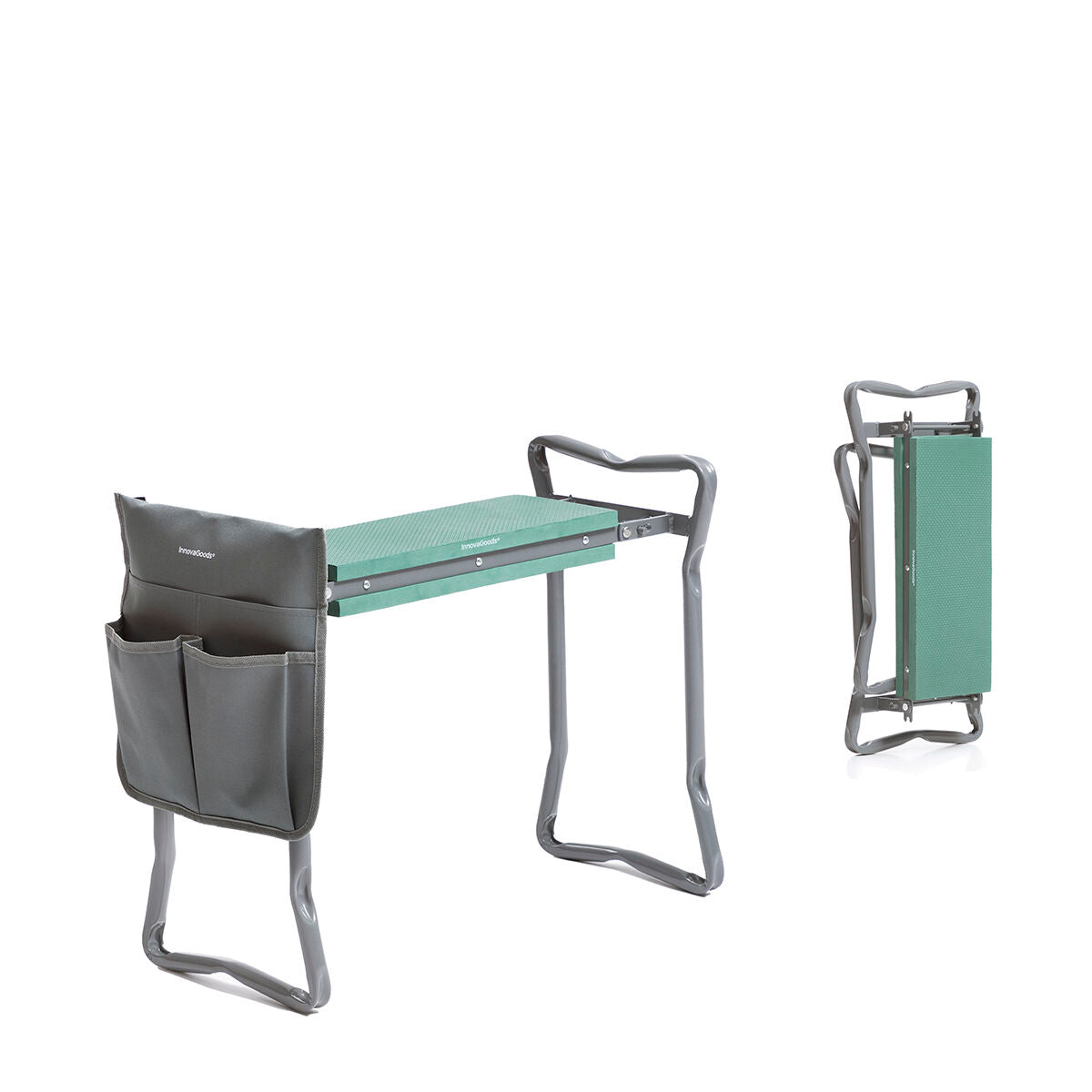 A green garden stool with a gray tool bag shown in unfolded and folded positions. The bag is attached on one side.
