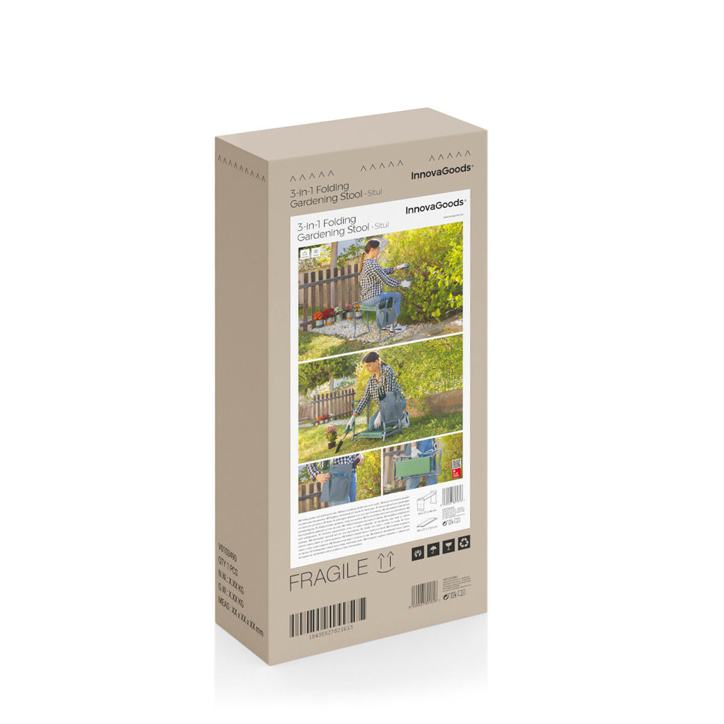 Packaging box of the garden stool showing images of the product in use. The box is brown with branding and product images.