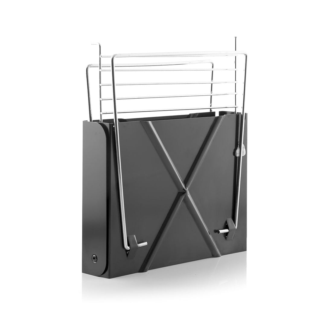 A detail image of the Mini Folding Portable Barbecue in its folded state. It is compact with metallic lines and appears practical for carrying.