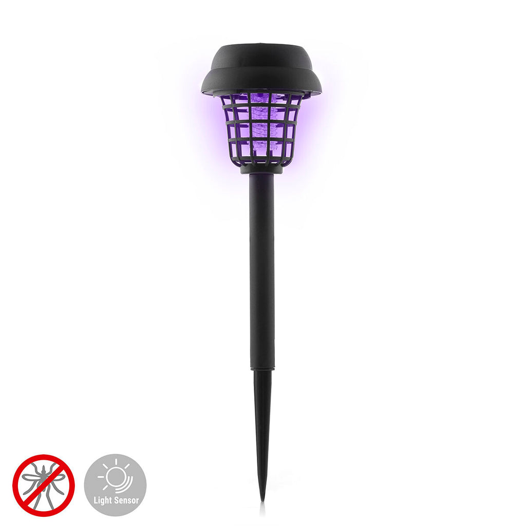 Hero image of the solar garden lamp against a white background, highlighting its full structure including the solar panel, grid, and stake. Icons indicating 'no mosquitoes' and 'light sensor' are present.