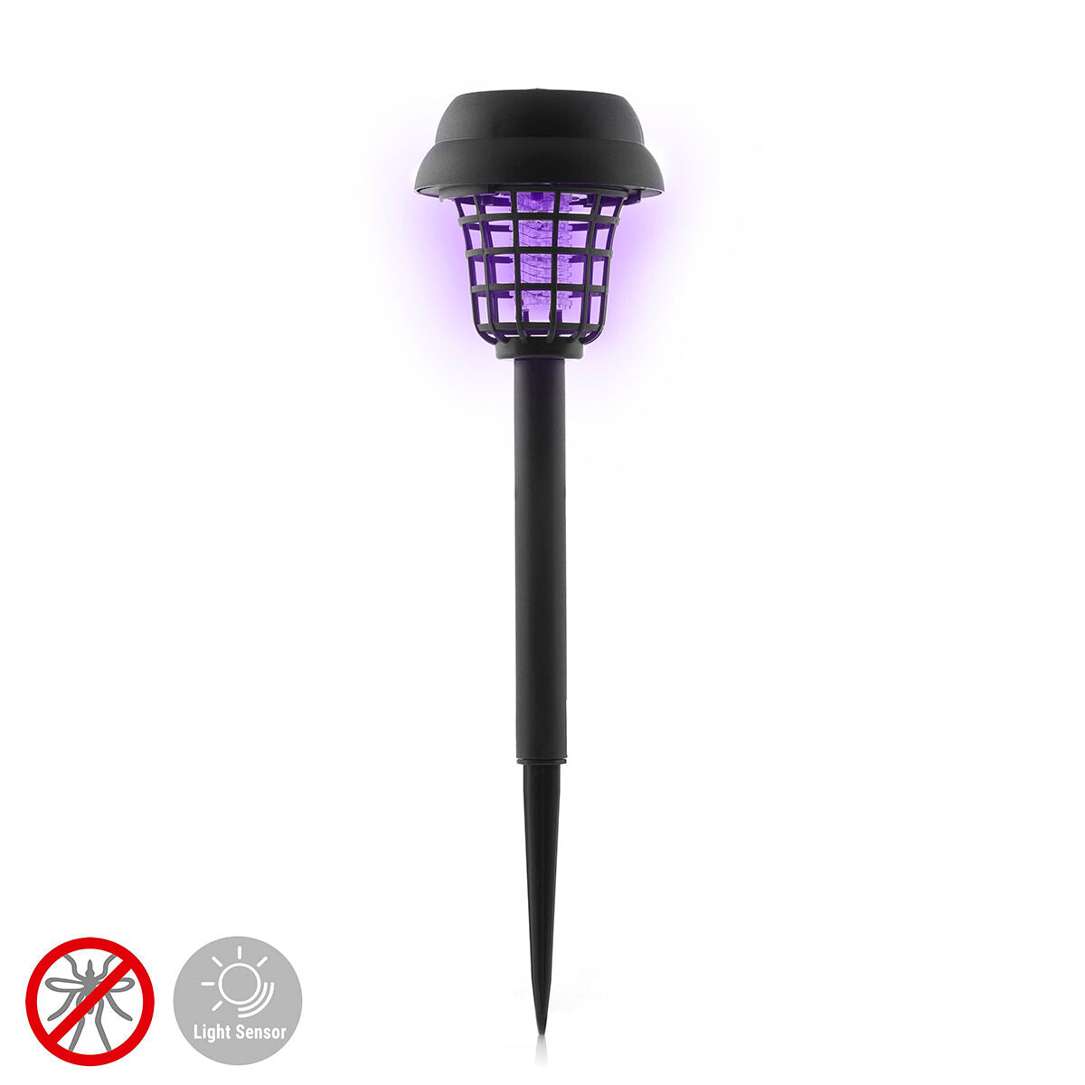 Hero image of the solar garden lamp against a white background, highlighting its full structure including the solar panel, grid, and stake. Icons indicating 'no mosquitoes' and 'light sensor' are present.