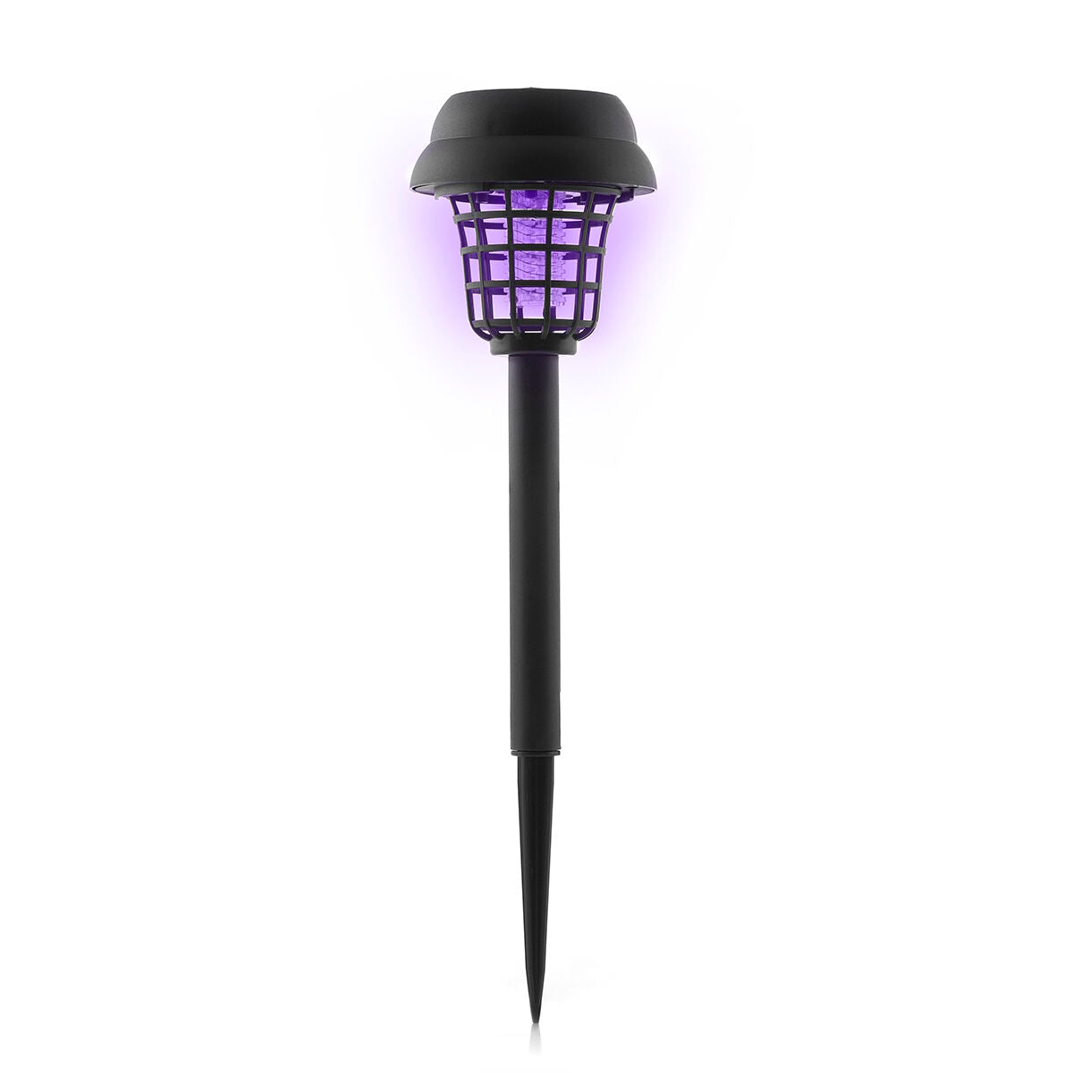 The solar garden lamp shown against a plain white background, emphasizing its design with a focus on the light and protective grid.