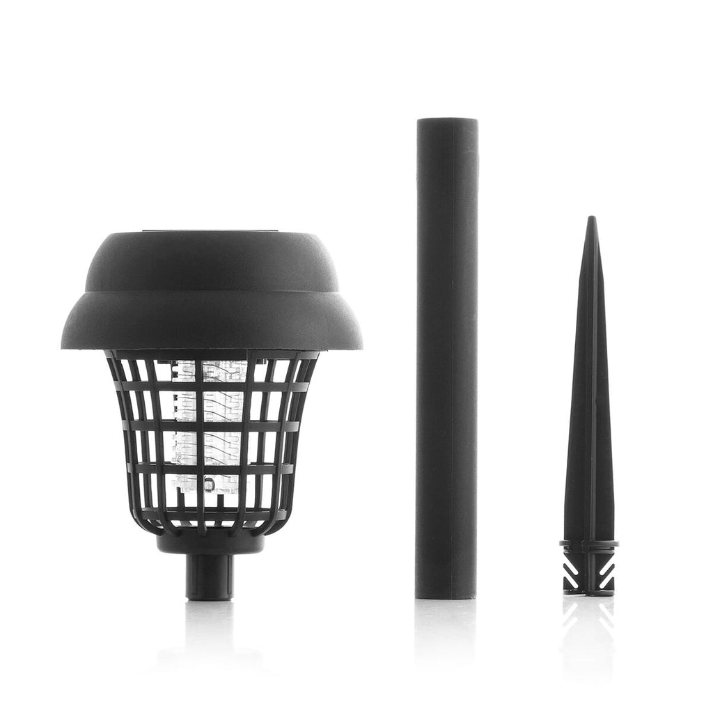 Product parts displayed separately: the lamp head, pole, and ground stake, allowing easy identification and assembly.