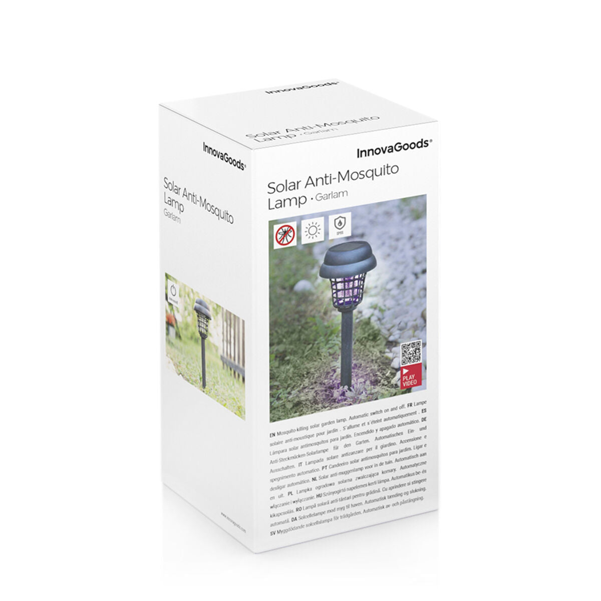 Packaging image of the solar anti-mosquito lamp by InnovaGoods. The box is white, featuring the product image, icons of 'no mosquitoes' and 'light sensor', and multilingual descriptions.