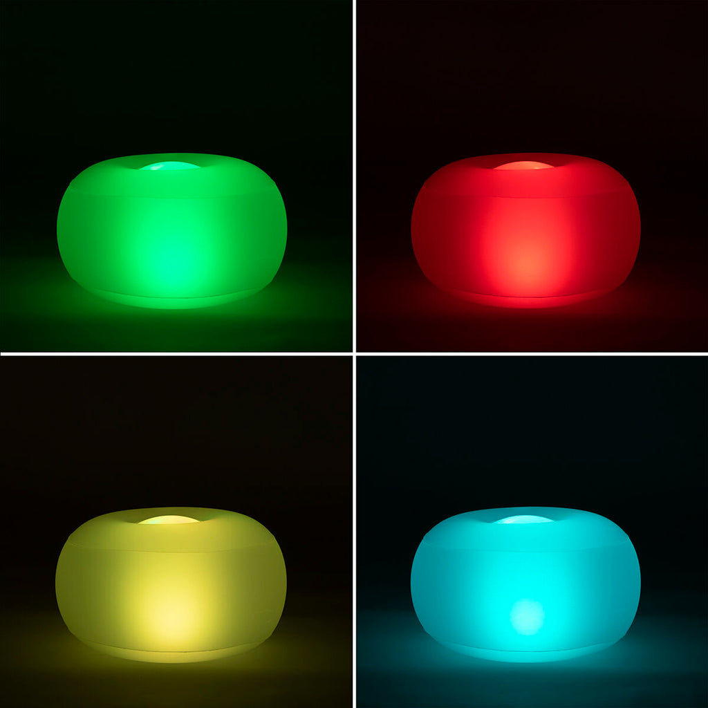 Four glowing versions of the inflatable LED seat, showcasing different colors (green, red, yellow, blue) in a dark setting.