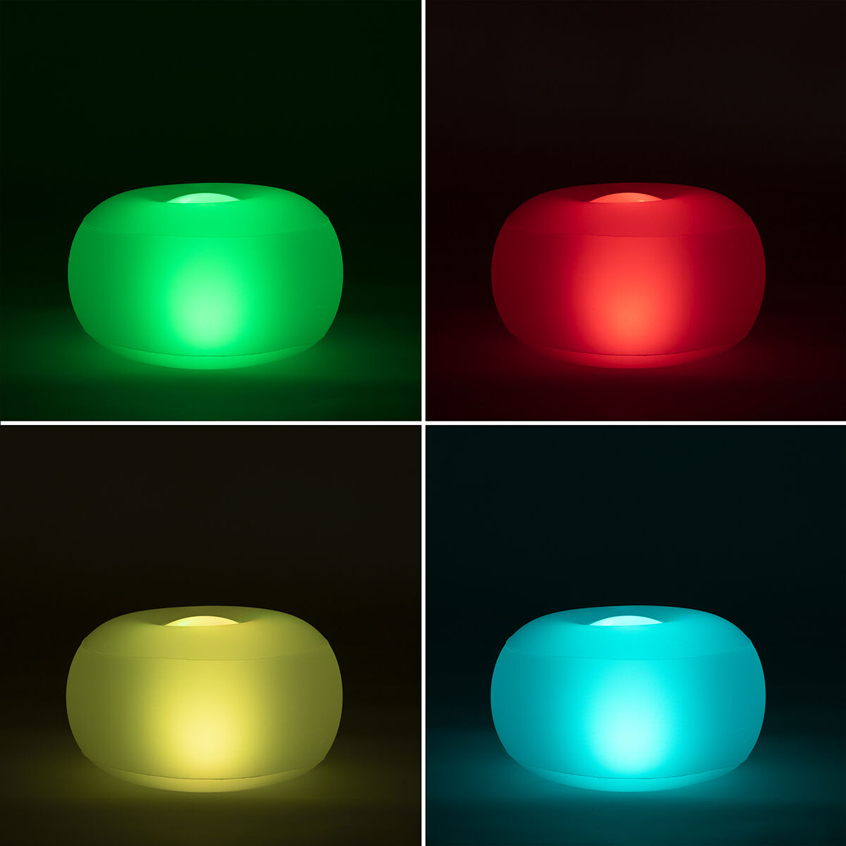 Four glowing versions of the inflatable LED seat, showcasing different colors (green, red, yellow, blue) in a dark setting.