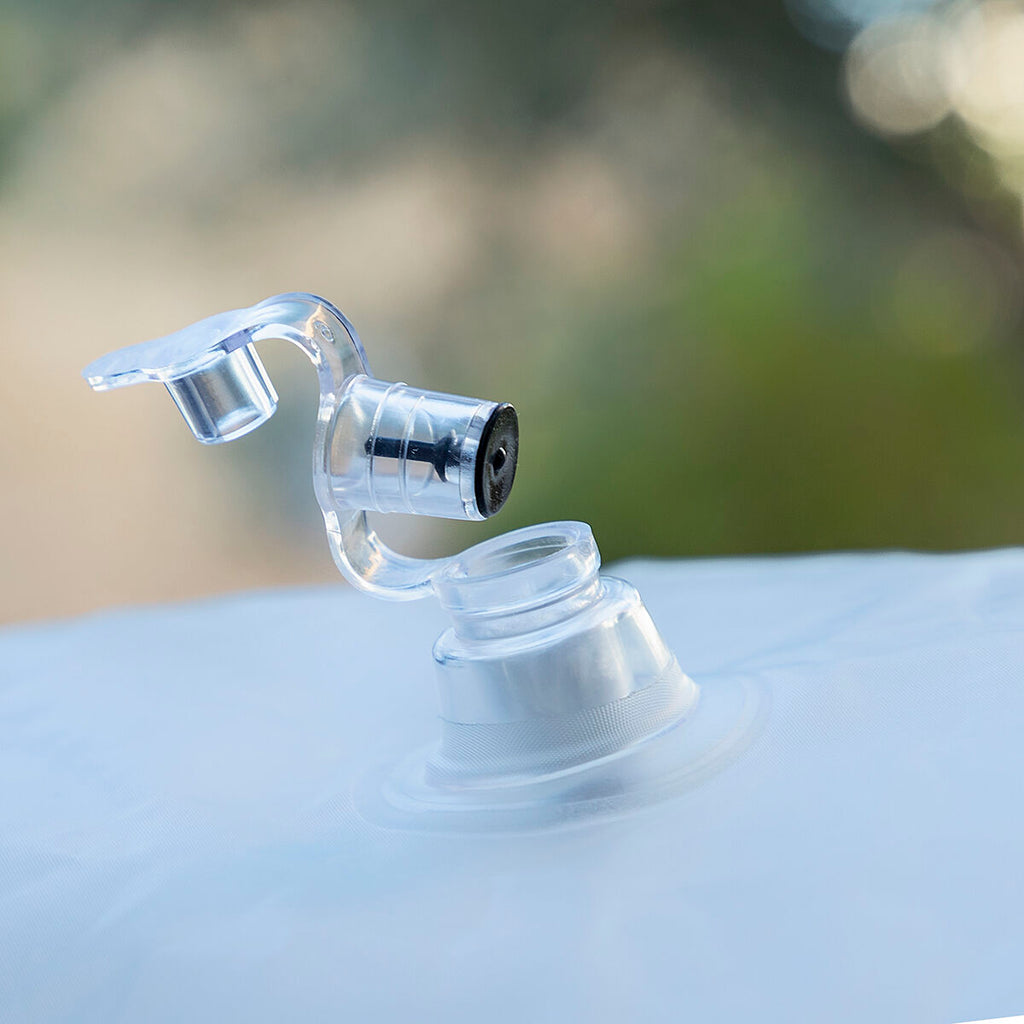 Close-up of the inflation valve of the inflatable seat, emphasizing the ease of setup.
