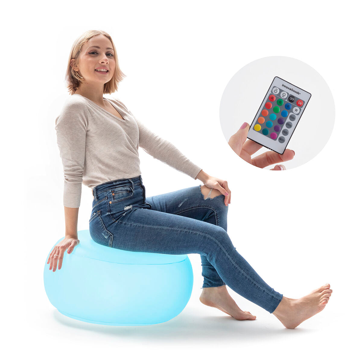 A woman sitting on the inflated LED seat in a well-lit setting, with an inset image of the remote control showing multicolor options.