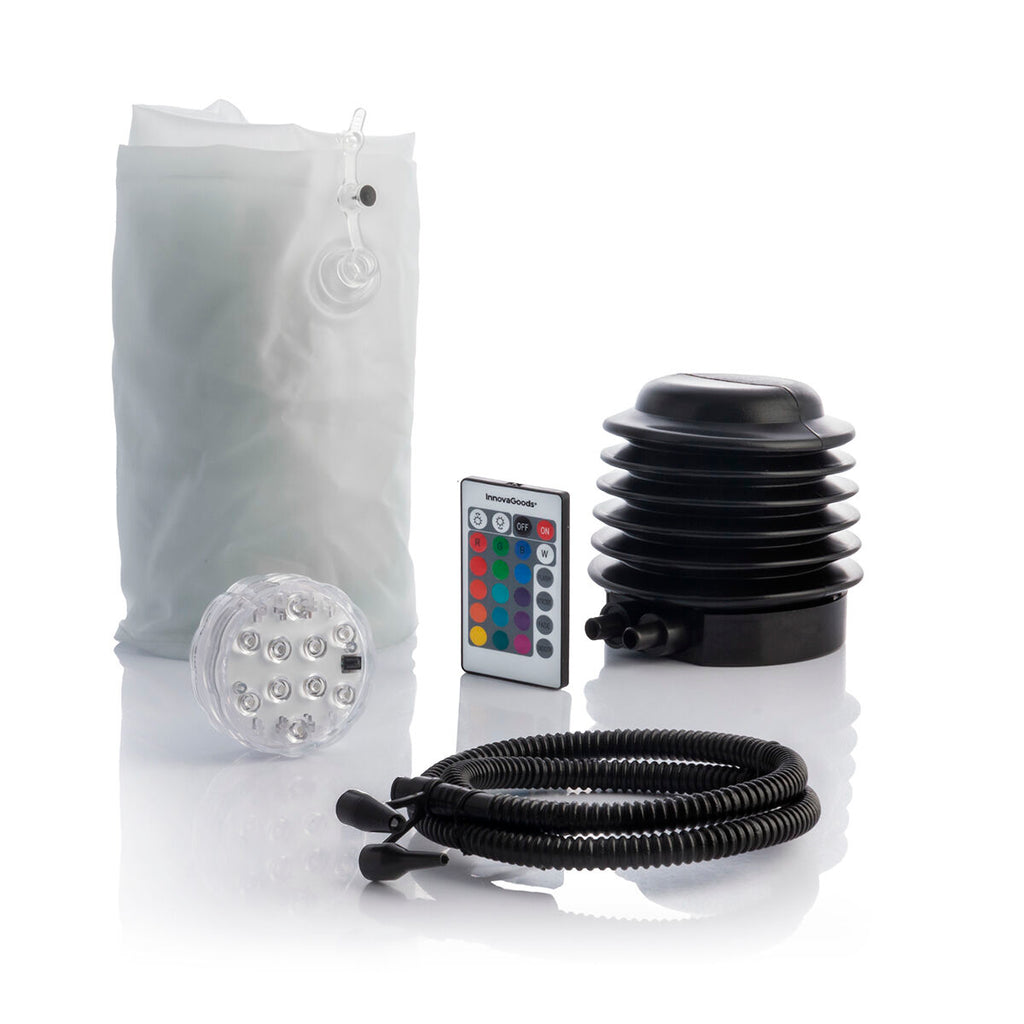 Components of the inflatable LED seat, including the deflated seat, LED light, remote control, pump, and hose. White background emphasizes the product elements.