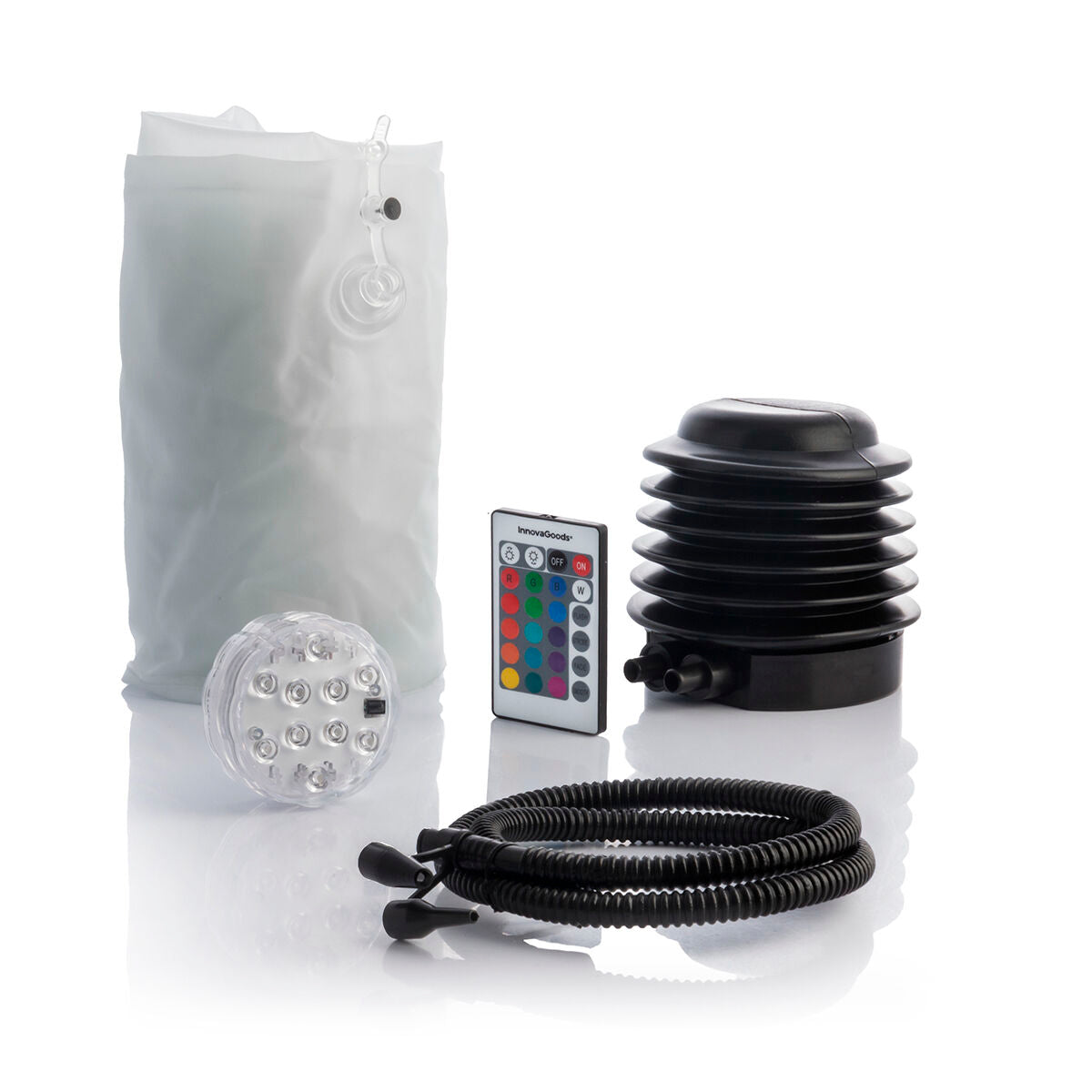 Components of the inflatable LED seat, including the deflated seat, LED light, remote control, pump, and hose. White background emphasizes the product elements.