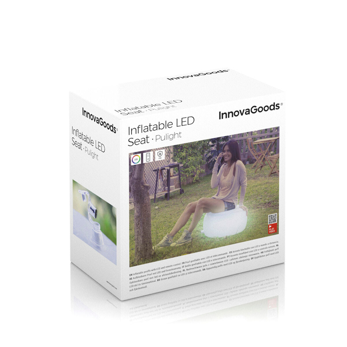 The product packaging for the Inflatable LED Seat Pulight by InnovaGoods. Box features a photo of the product in use outdoors, clear branding, and product details.
