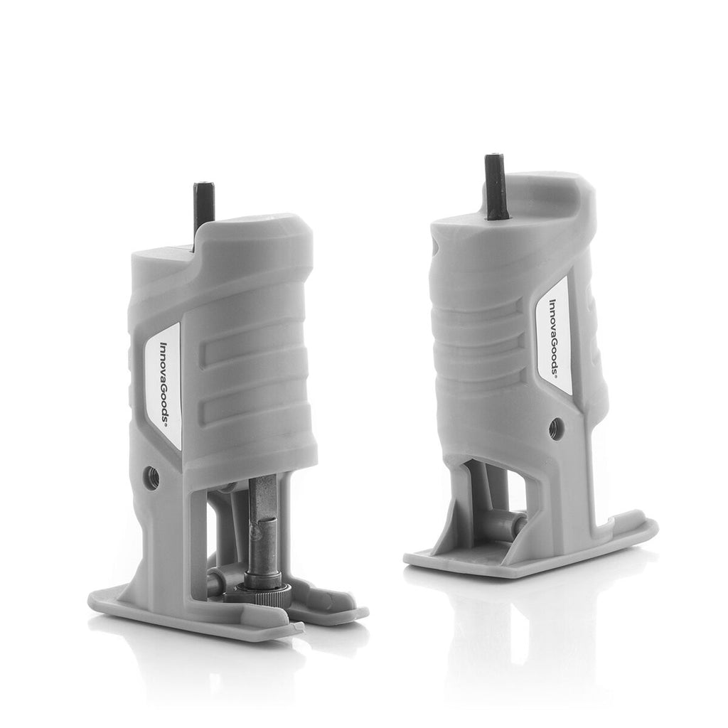 Two identical InnovaGoods Jigsaw Drill Attachments shown side by side, highlighting the product's design features and branding on a plain white background.