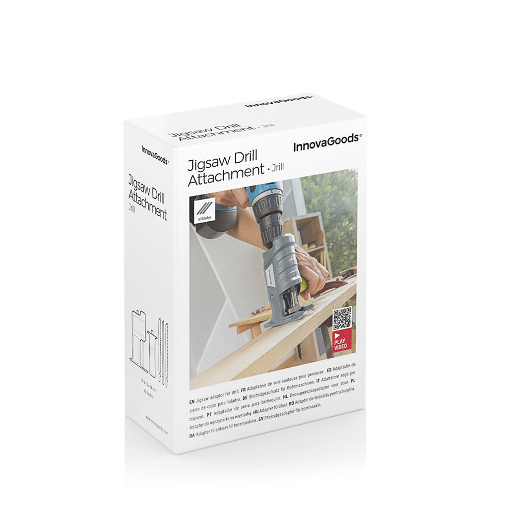 The product packaging for the Jigsaw Drill Attachment Jrill by InnovaGoods. The box is white with images of the product in use and descriptive text in multiple languages.