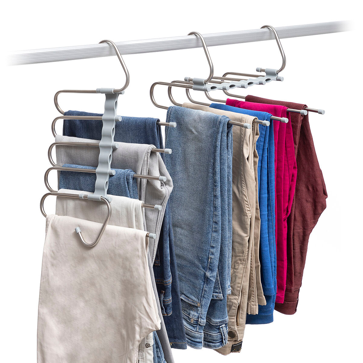 Hanger in use with multiple pairs of trousers in various colors, utilizing its full capacity.