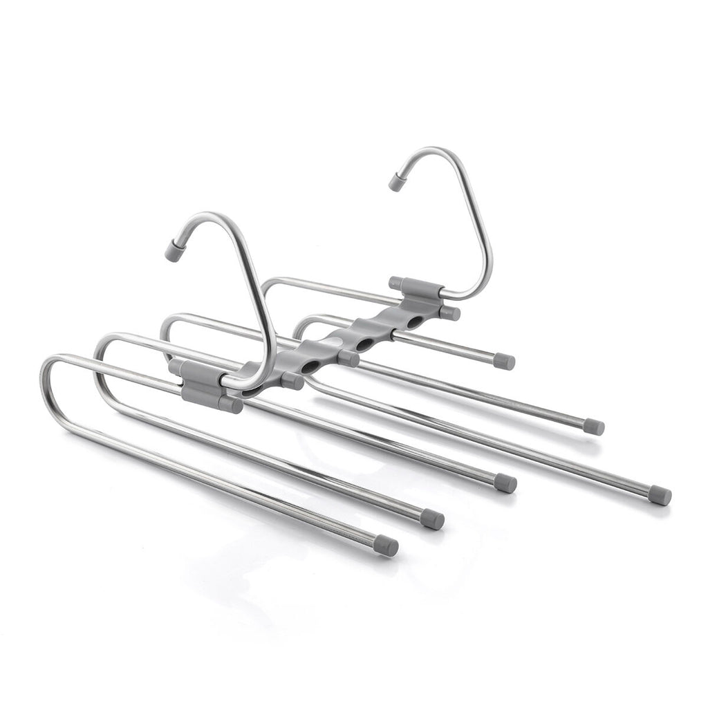 Isolated shot of the 5-in-1 trouser hanger showing the bars and double hook design, emphasizing its structure and functionality.