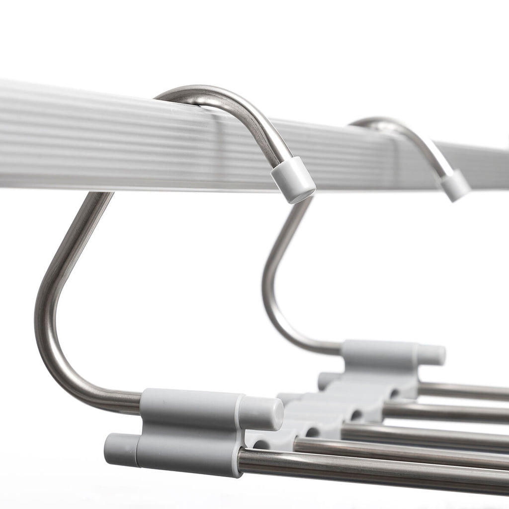 Close-up of hanger's metallic hooks and bars, displaying its sleek design.