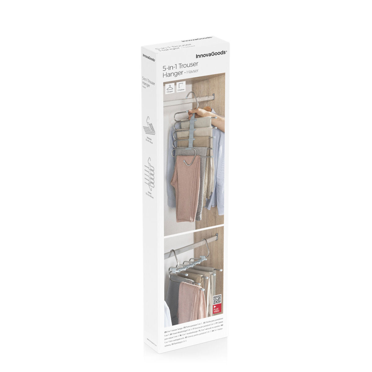 Product packaging showing the 5-in-1 Trouser Hanger Havser by InnovaGoods with branding and product use illustration on the box.