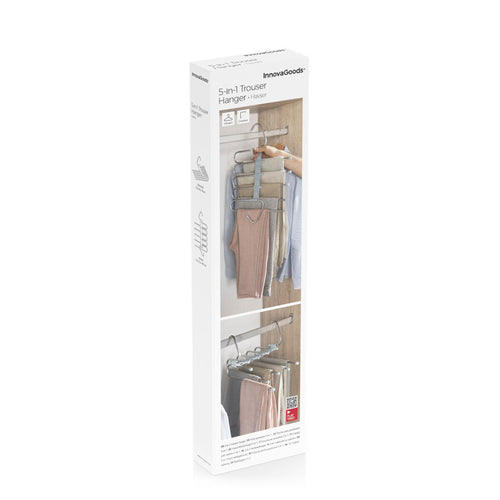Product packaging showing the 5-in-1 Trouser Hanger Havser by InnovaGoods with branding and product use illustration on the box.
