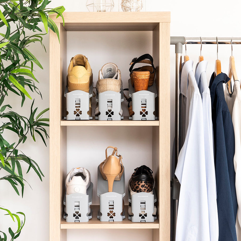 Organizers displayed in a closet setting, perfectly stacked to display shoes. This image underlines tidiness, optimal use of space, and the product's potential within a wardrobe layout.