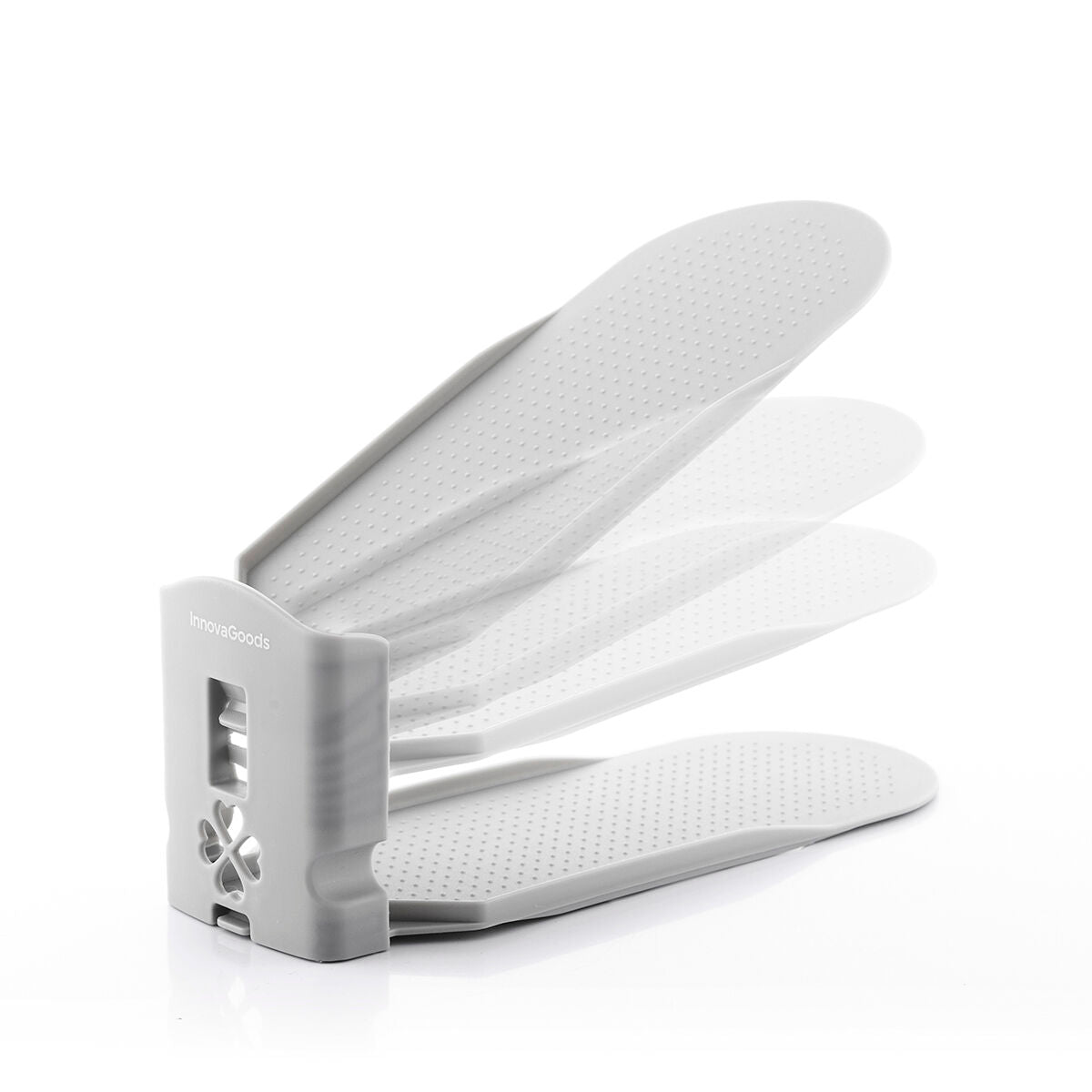 A detail shot focusing on the adjustability of the shoe organizer. The gray organizer is showcased at different angles, demonstrating its flexibility to accommodate various shoe sizes.