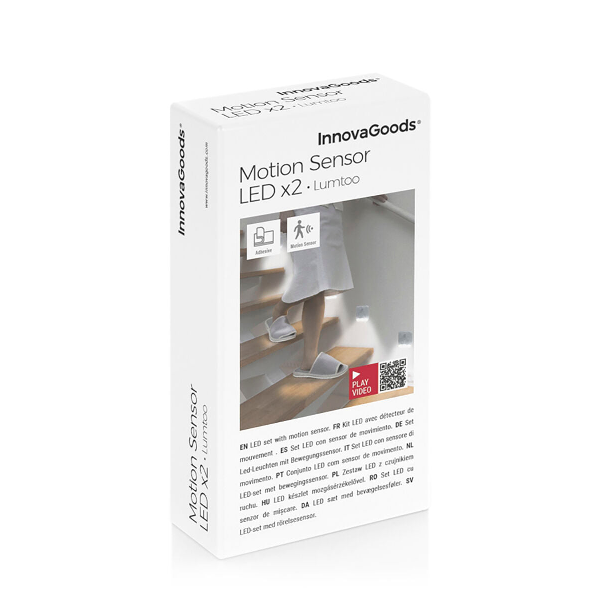 Packaging shot showing the InnovaGoods Motion Sensor LED x2 Lumtoo box. The box design is white with images and multilingual text indicating product functionality and features.